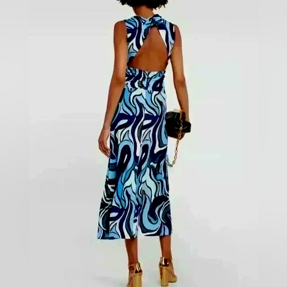 Rebecca Vallance Blue, Black & White Abstract Cut Out Halter Dress, Size 6 - Picture 2 of 7